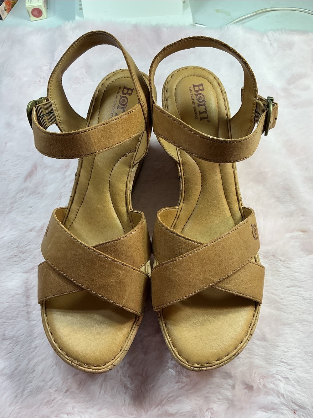 Born Cognac Brown Leather Crisscross Wedge Sandals c130